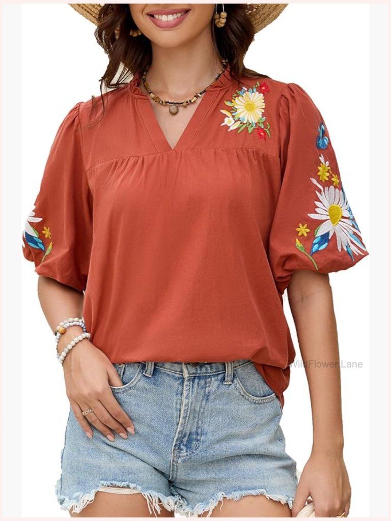 Boho Floral Embroidered Blouse V-Neck Puff Short Sleeve Loose Tunic Top
